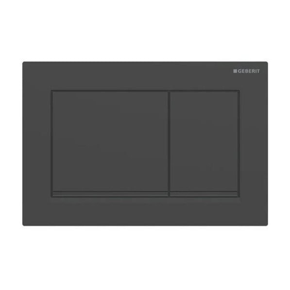 A wall-mounted Geberit Omega 30 Dual Flush Actuator in black matt finish.