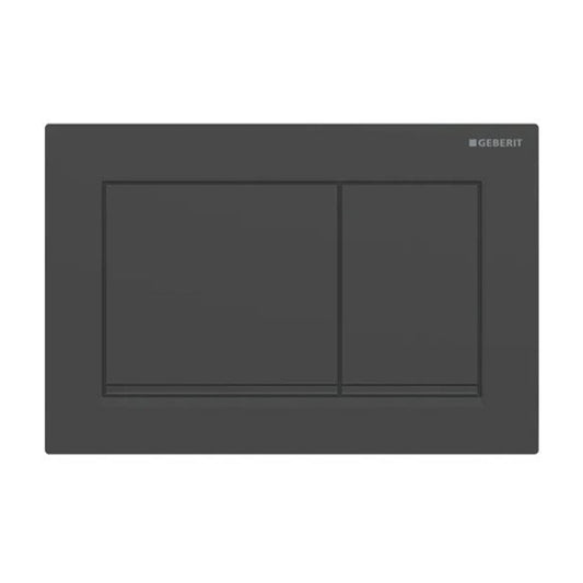 A wall-mounted Geberit Omega 30 Dual Flush Actuator in black matt finish.