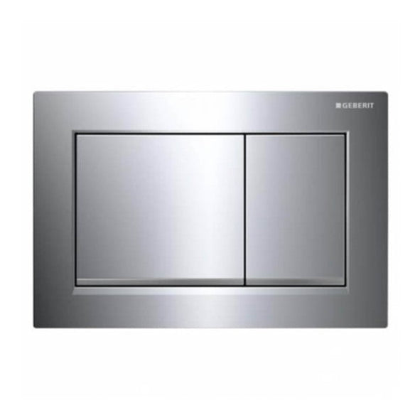 Geberit Omega 30 Dual Flush Actuator in new matt chrome finish, featuring a contemporary design with two flush buttons.
