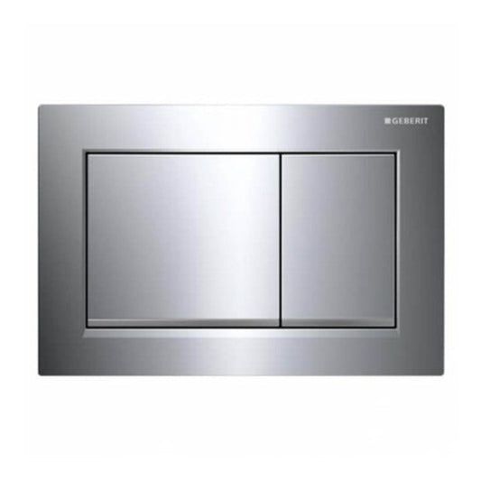 Geberit Omega 30 Dual Flush Actuator in new matt chrome finish, featuring a contemporary design with two flush buttons.