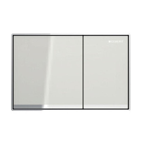 A sand grey Geberit Omega 60 Dual Flush Actuator, with a wall-mounted design, displayed against a white background with the brand logo and the name of the product visible.