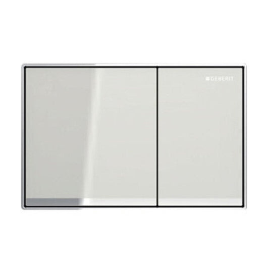 A sand grey Geberit Omega 60 Dual Flush Actuator, with a wall-mounted design, displayed against a white background with the brand logo and the name of the product visible.