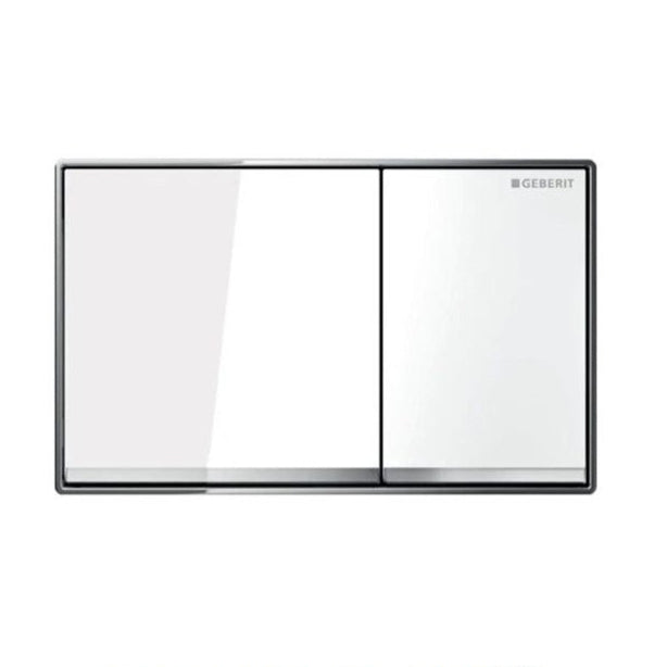 Geberit Omega 60 Dual Flush Actuator with a white glass finish, featuring a flush-mounted design.