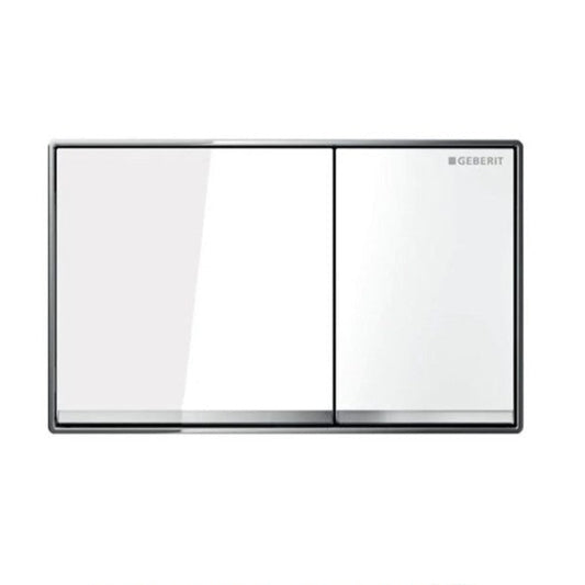 Geberit Omega 60 Dual Flush Actuator with a white glass finish, featuring a flush-mounted design.