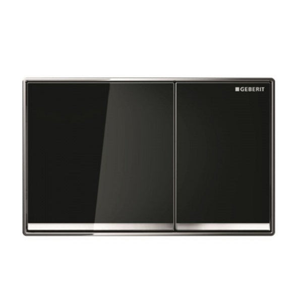 Geberit Omega 60 Dual Flush Actuator with a black glass finish, featuring a flush-mounted design.