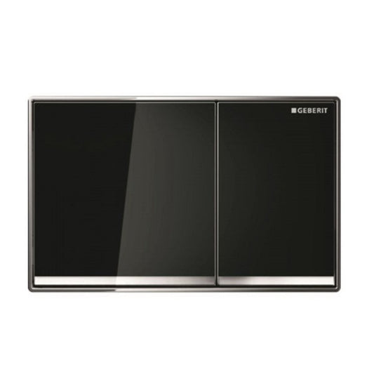 Geberit Omega 60 Dual Flush Actuator with a black glass finish, featuring a flush-mounted design.