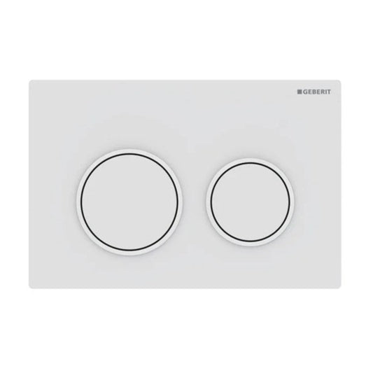 Geberit Omega 20 Dual Flush Actuator with a Matt White finish featuring two circular flush buttons.