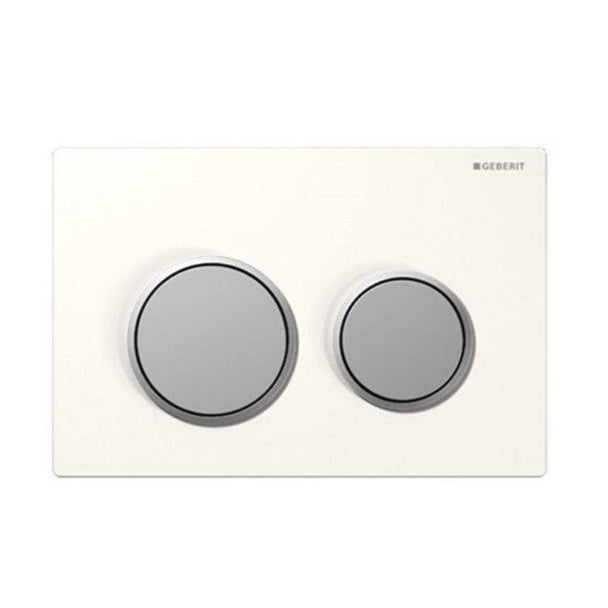 Geberit Kappa 21 Actuator Plate in white and matt chrome finish, wall-mounted, with the brand and model number visible.