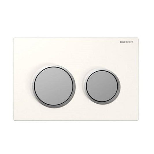 Geberit Kappa 21 Actuator Plate in white and matt chrome finish, wall-mounted, with the brand and model number visible.