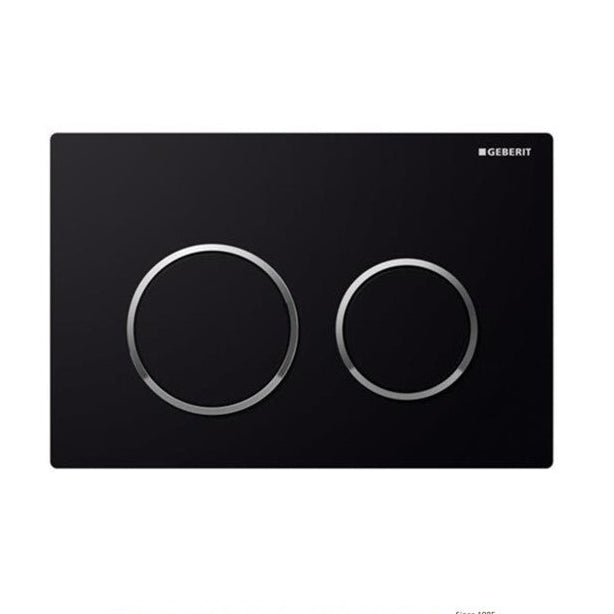 Geberit Kappa 21 Actuator Plate in black-gloss-black finish, wall-mounted, with the Geberit logo at the top and the Econfluence Systems logo at the bottom.