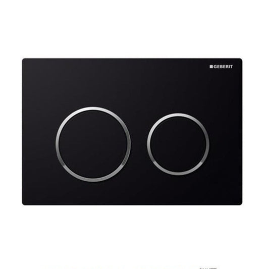 Geberit Kappa 21 Actuator Plate in black-gloss-black finish, wall-mounted, with the Geberit logo at the top and the Econfluence Systems logo at the bottom.