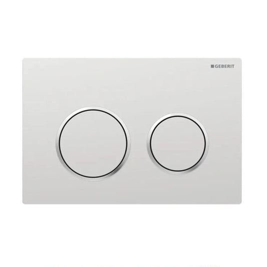 Geberit Kappa 21 Actuator Plate in white and bright chrome with two flush buttons.