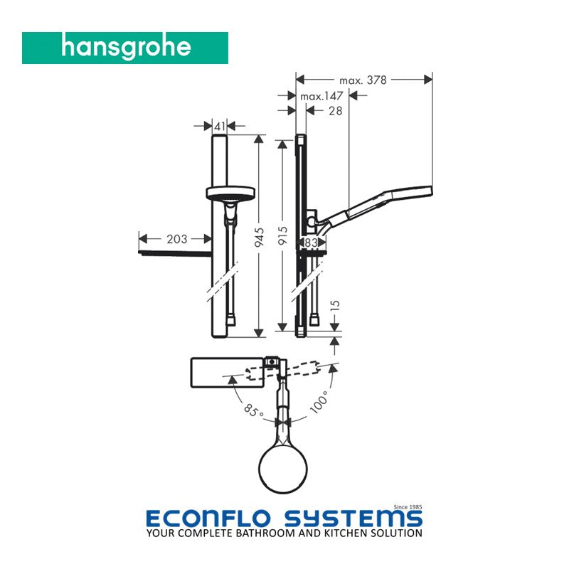 Hansgrohe Rainfinity Shower Set 27671000 with 90 cm shower bar, three spray options, soap dish, and chrome finish technical drawing