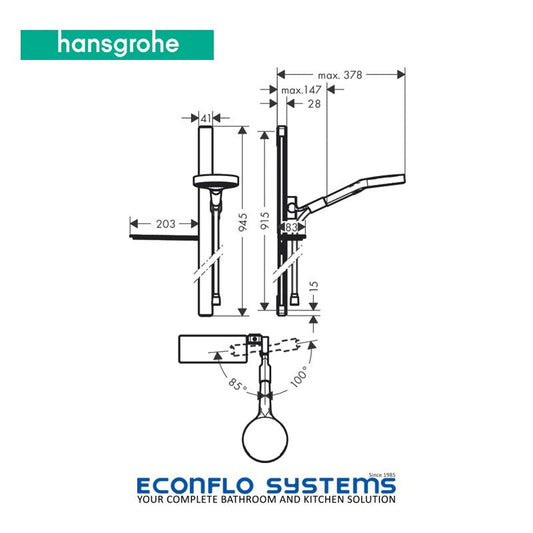 Hansgrohe Rainfinity Shower Set 27671000 with 90 cm shower bar, three spray options, soap dish, and chrome finish technical drawing
