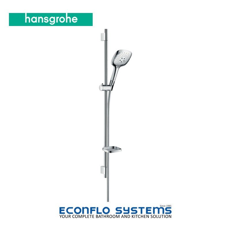 Hansgrohe Raindance Select E chrome hand shower with 3 spray options and 0.90m wall bar set