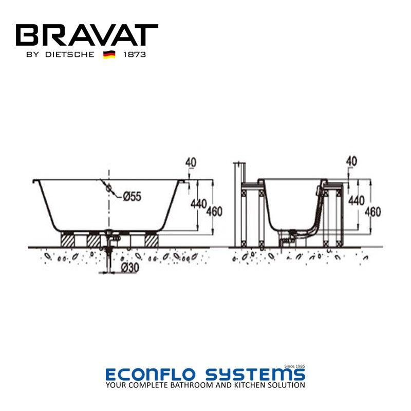 Bravat Free-Standing Bathtub B25801W 1.75m Dimensions