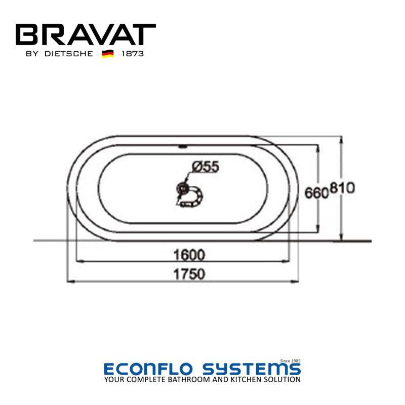 Bravat Free-Standing Bathtub B25801W 1.75m Dimensions