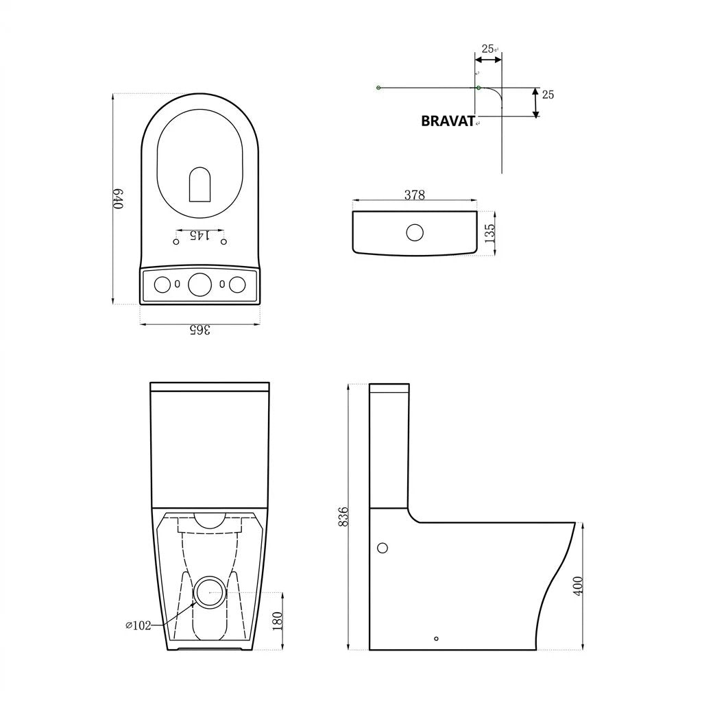 Bravat Close Coupled Toilet Bowl With Soft Close Seat Cover CX21214UW-P-RUS