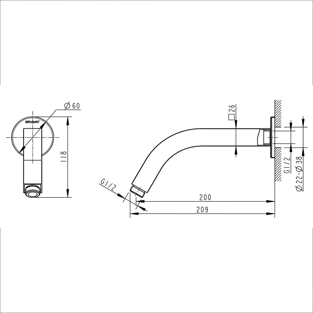 Bravat Wall-Mounted Square In-Wall Shower Connect Pipe Set P7435C-ENG