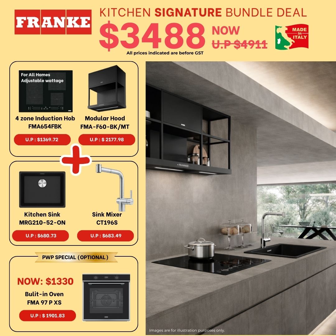 Franke kitchen signature bundle deal advertisement with kitchen appliances and pricing.