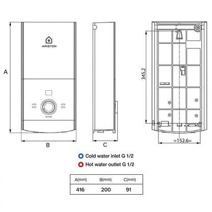 Ariston Aures Premium+ Pump & Rainshower Instant Water Heater 3195404