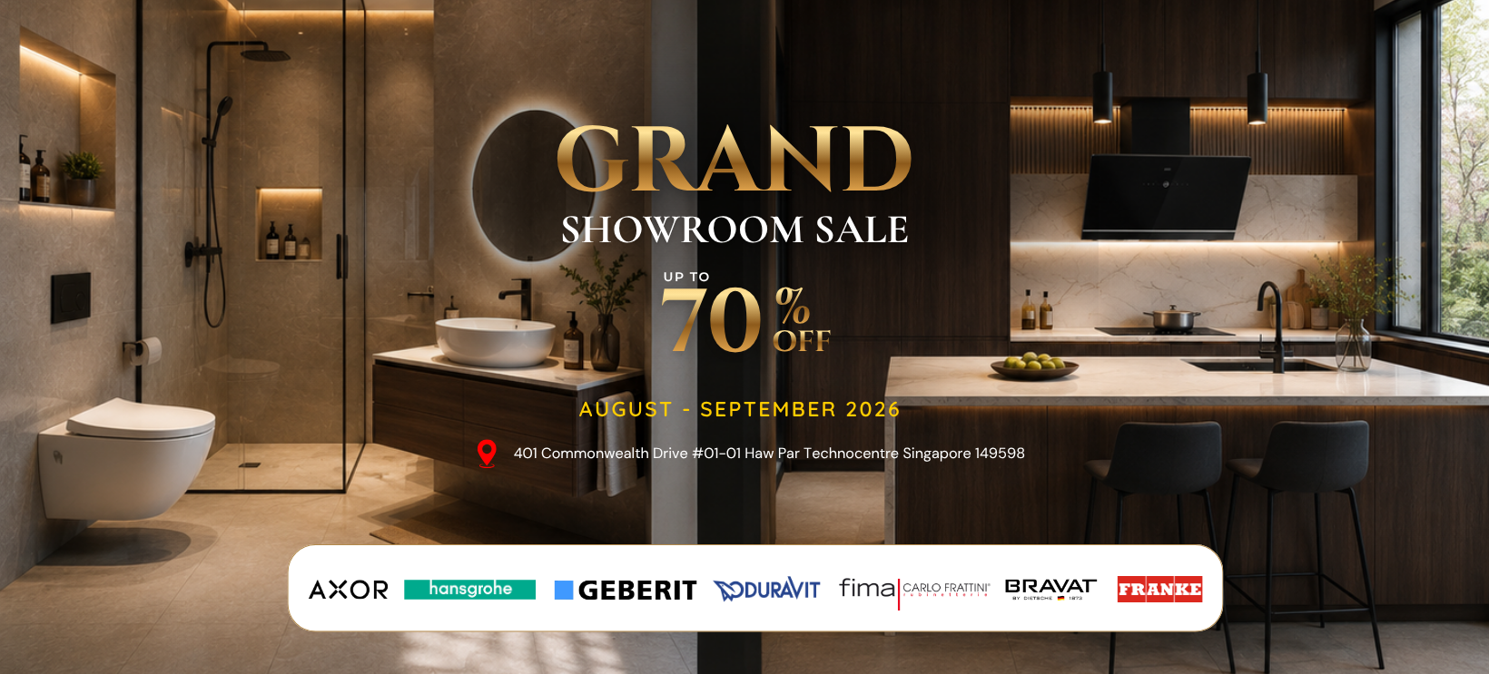 Promotional advertisement for Econflo Systems showcasing a modern luxury showroom interior with a kitchen, bathroom, and walk-in shower. Large text reads 'GRAND SHOWROOM SALE' with 'UP TO 70% OFF' and dates 'August - September 2026'.