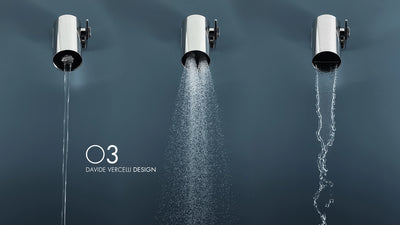Three shower heads with different water flow patterns on a dark background, featuring the '03 Davide Vercelli Design' logo.