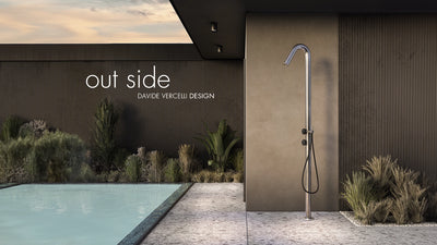 Outdoor shower system mounted on a wall next to a pool with 'outside Davide Vercelli Design' branding.