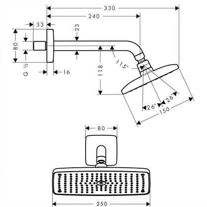 Hansgrohe Raindance E240 Air 1 Jet Overhead Shower w/ Arm 223MM 27370000