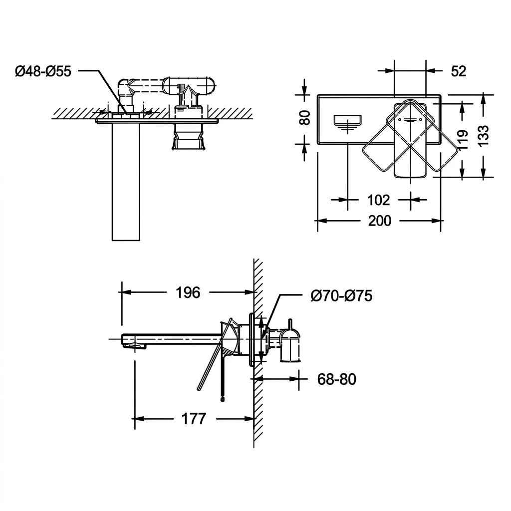 Bravat Phillis Wall-Mounted Single Lever 2-Hole Basin Mixer Trim Set P69183C-ENG