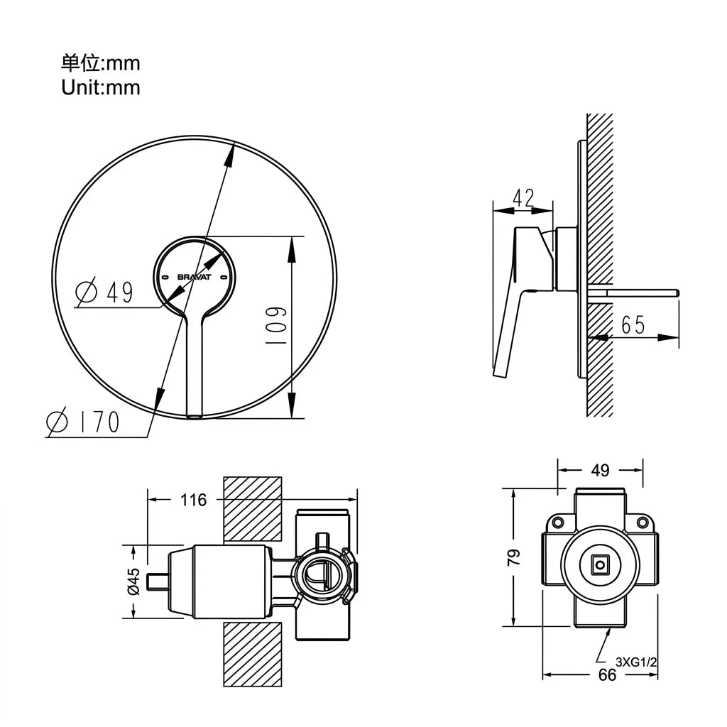 Bravat Affability Single Lever Shower Mixer for Concealed Installation PB8172217CP + D999CP