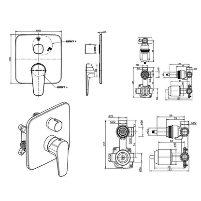 Bravat Source 2-Way Square Plate Concealed Shower Mixer PB8173218BW-2-ENG + D982BW
