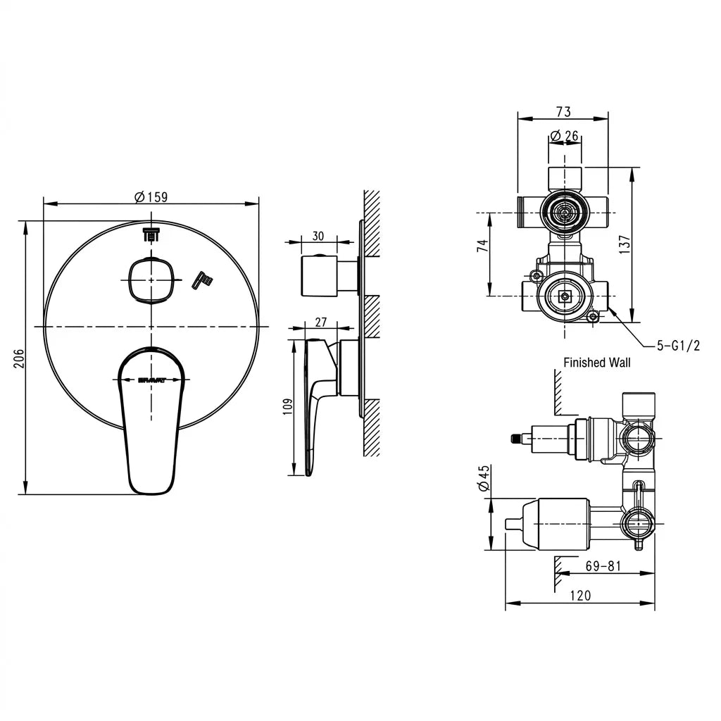 Bravat Eddie 1-Way Single Lever Built-In Shower Mixer PB8369402BW-ENG + D999BW